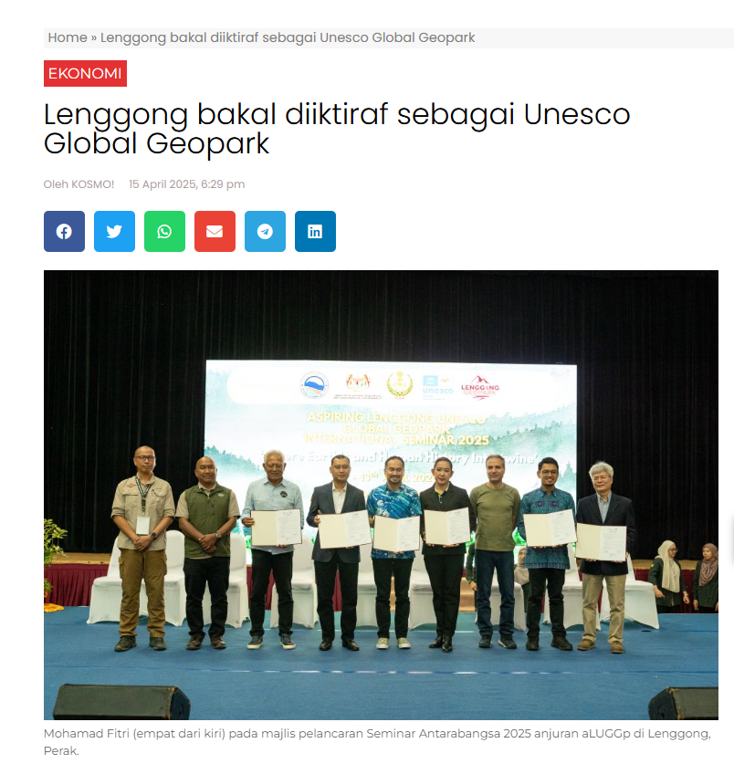 Lenggong bakal diiktiraf sebagai Unesco Global Geopark