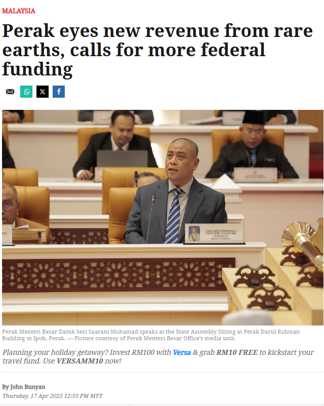 Perak eyes new revenue from rare earths, calls for more federal funding