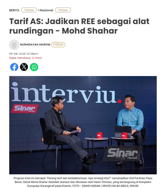 Tarif AS: Jadikan REE sebagai alat rundingan - Mohd Shahar